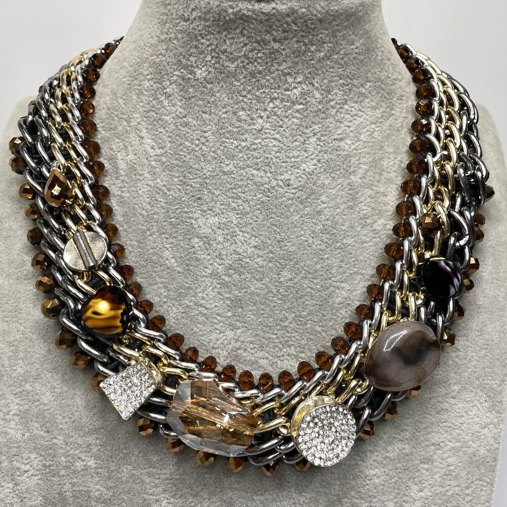 Unique Mix Metal Chain Glass Stone Bib Chainmail Collar Necklace Statement